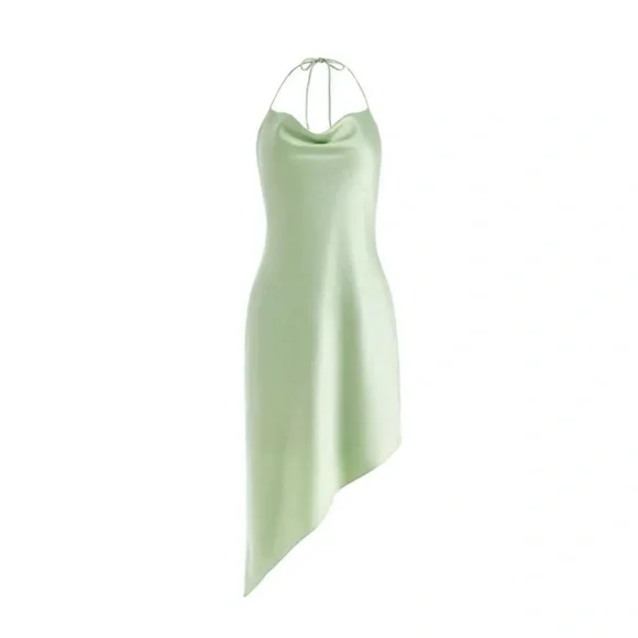 Alice + Olivia Harmony Drapey Asymmetrical Midi Cowl Slip Dress in Light Sage - Picture 2 of 15
